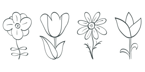 Flower leaves outline symbol set, isolated element, cute simple graphic, child-like sketch ink line, doodle hand free brush drawing, modern botanical decorative vector illustration