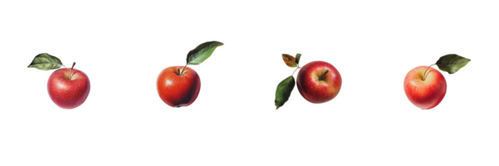 A freshly picked red apple with a leaf still attached, positioned on a transparent background to showcase its glossy skin and natural simplicity