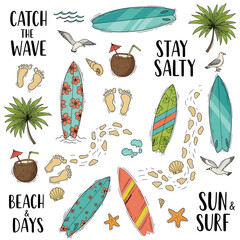 Hand-Drawn Summer Beach Elements Set – Surfboards, Palm Trees, and Tropical Quotes