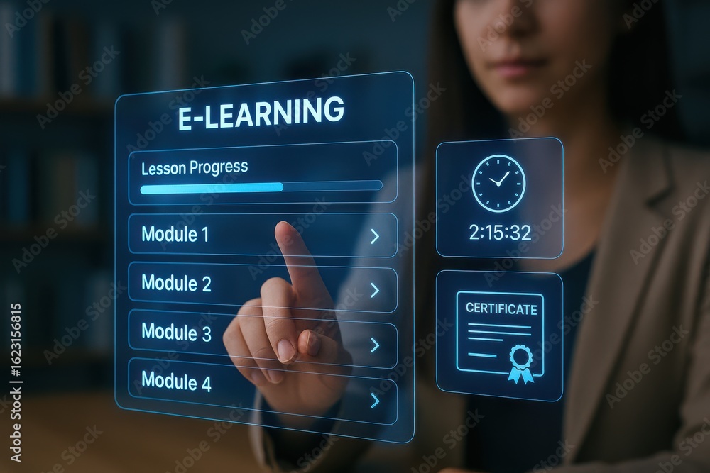 Poster woman interacting with e-learning interface showing lesson progress, modules, and certificate timer