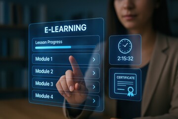 Woman interacting with e-learning interface showing lesson progress, modules, and certificate timer
