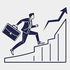 Businessman climbing a staircase towards a growing arrow and upward trend