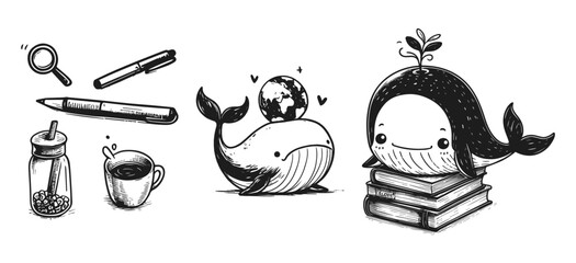 Whimsical marine and everyday elements in monochrome sketch style, back to school, set of vector