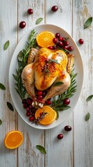 Golden Roasted Whole Turkey Garnished with Fresh Herbs and Citrus Fruits