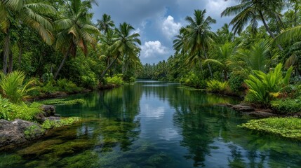 Tropical lagoon scene with palm trees