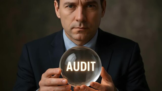 A man in a suit, gazing intensely at a crystal ball, symbolizing audit. 