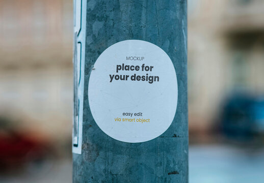 Round Sticker Sign on Metal Street Pole Mockup