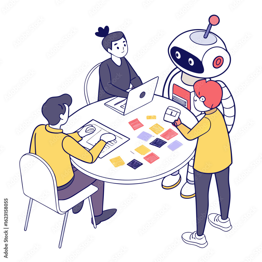 Poster team collaborates with robot on project planning isolated on transparent background