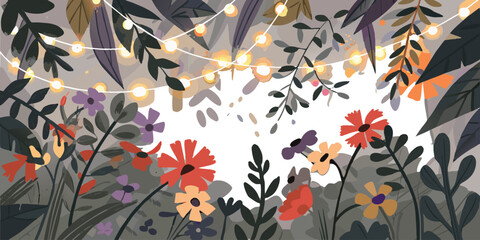 Enchanting garden scene with blooming flowers and fairy lights