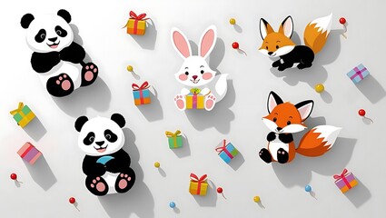 Obraz premium Cute pandas and foxes with gifts rabbit present