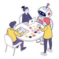 Team collaborates with robot on project planning isolated on transparent background