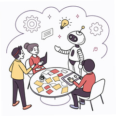 Team brainstorms with a friendly robot and sticky notes isolated on transparent background