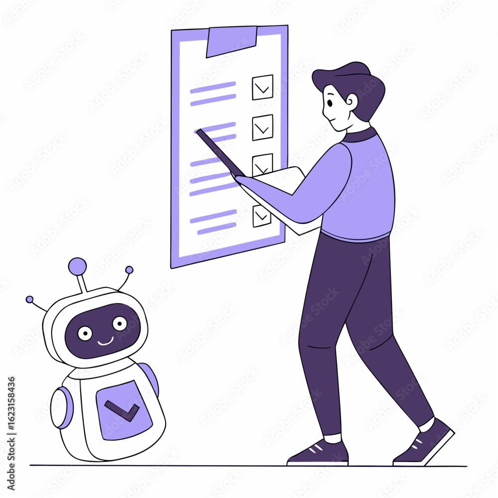 Poster man and robot reviewing a checklist on a clipboard isolated on transparent background