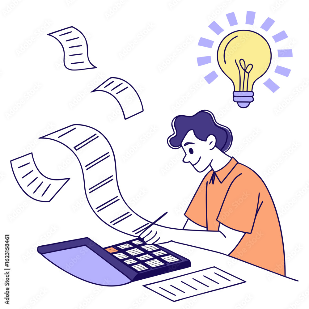 Aufkleber man using calculator with receipts and lightbulb idea isolated on transparent background