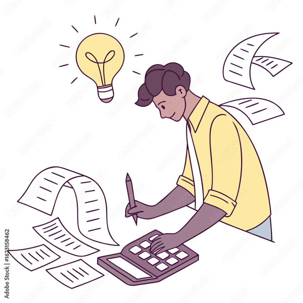 Poster man calculating with calculator and papers with a bright idea lightbulb isolated on transparent back