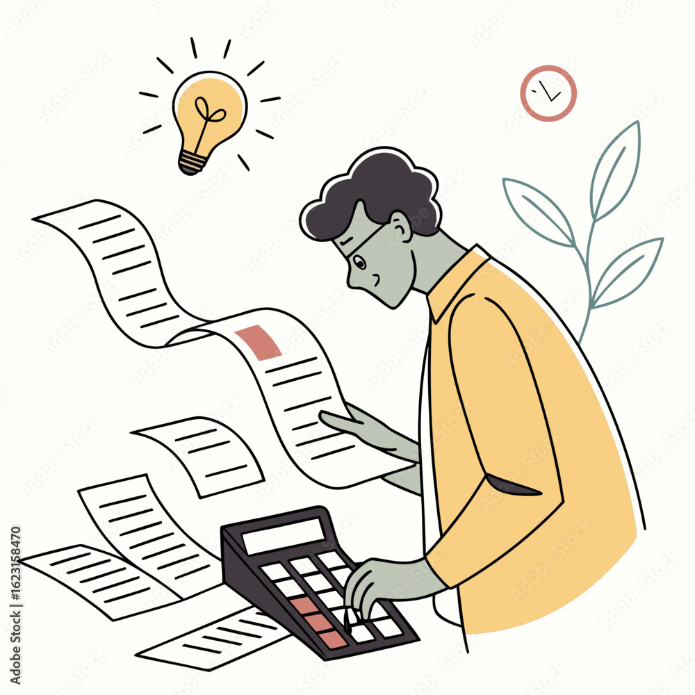 Aufkleber man with calculator and long receipt with lightbulb and clock isolated on transparent background