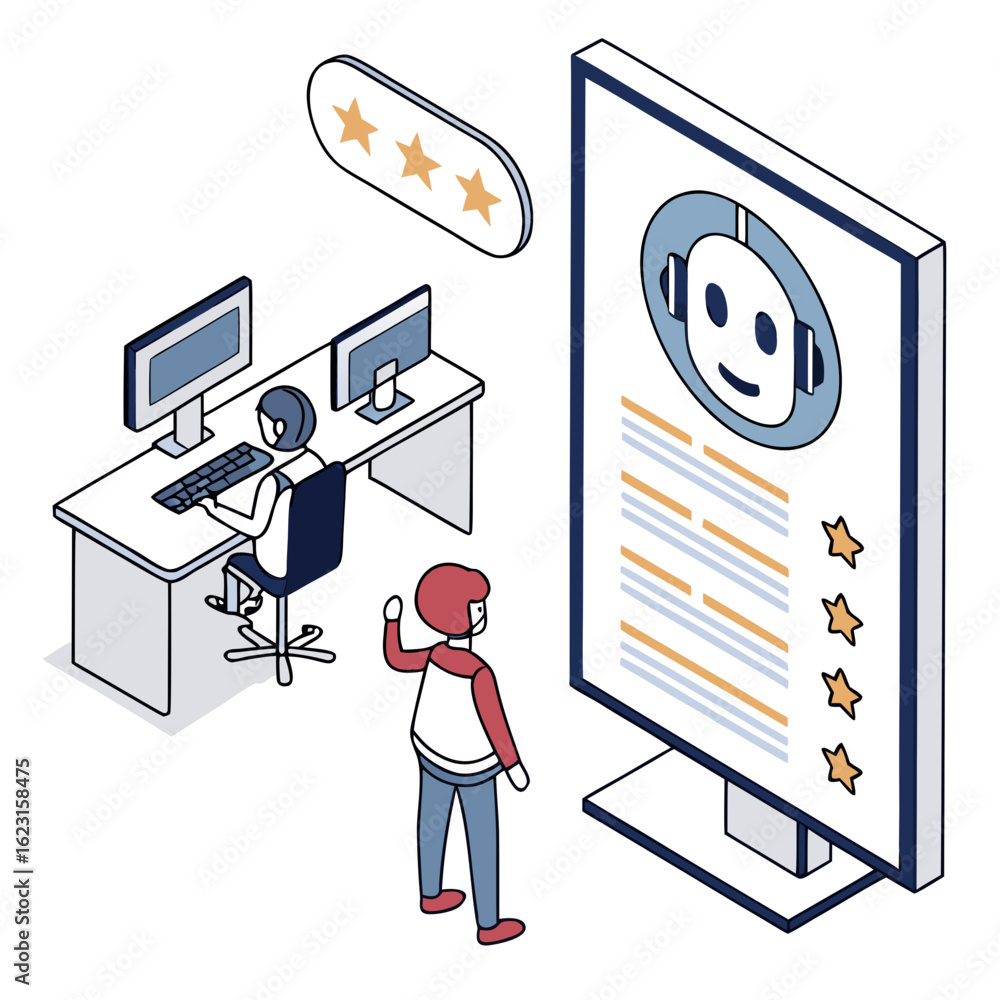 Poster customer service representative interacting with chatbot review on screen isolated on transparent ba