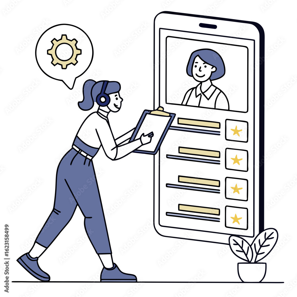 Poster customer service representative interacting with a mobile app for feedback isolated on transparent b