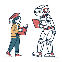 Student wearing graduation cap reads book with robot isolated on transparent background