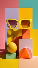 Vibrant Yellow and Orange Round Sunglasses Stylish Flatlay on a Trendy Pink and Blue Background Perfect for Summer Fashion