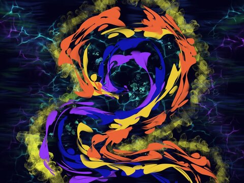 Abstract swirl with orange yellow blue and purple colors.