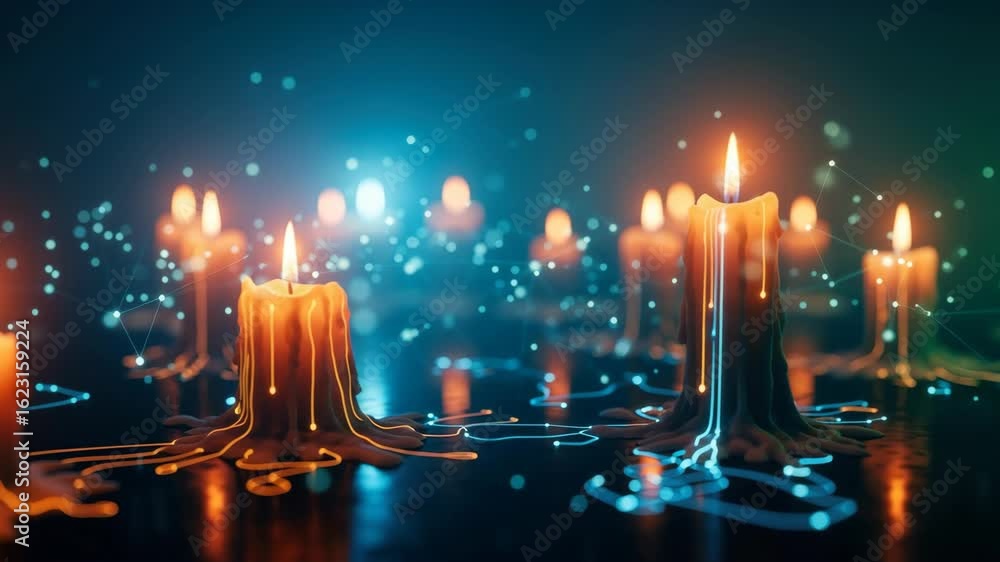 Poster a serene arrangement of melting candles glowing softly in a dark atmospheric setting surrounded by f