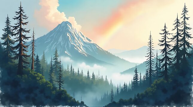 A stunning rainbow appears over a misty and dense forest mountain - Powered by Adobe
