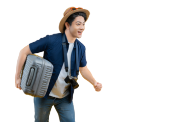A person joyfully running with a suitcase and camera. The person is ready to go on png background 