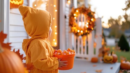 Young child in a soft pumpkin costume on a porch with autumn leaves and jack-o'-lanterns, holding a candy bucket. Autumn