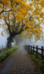 Naklejka premium Misty path lined with yellow flowers