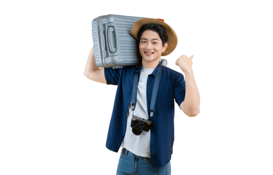 An attractive man embarking on a travel adventure, holding a suitcase and wearing a hat on a png background 