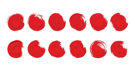 Twelve Red Abstract Paintbrush Circles; Bold, Energetic, Graphic Design Elements.