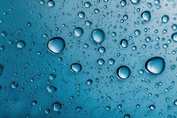 Close-up view of water droplets on a smooth, teal-colored surface