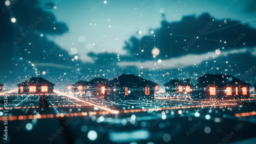 Poster a serene evening scene showcasing illuminated houses in a tranquil neighborhood with a digital overl