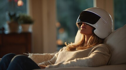 Warm medium shot features individual in relaxed posture using advanced lowlevel laser therapy helmet main device sharply focused against a softly blurred interior setting