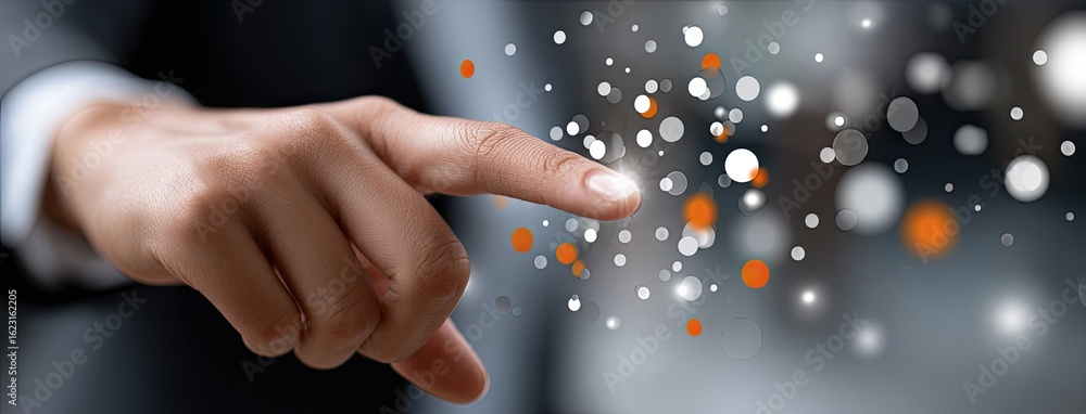 Poster a finger engages with an interactive surface, triggering dynamic light beams and data flows against 