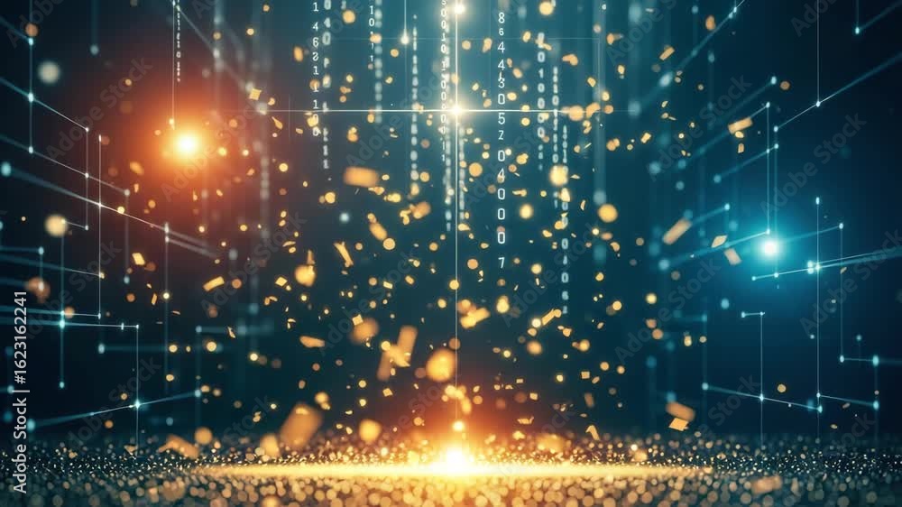 Poster a mesmerizing digital background showcasing vibrant particles and glowing lights cascading in a futu