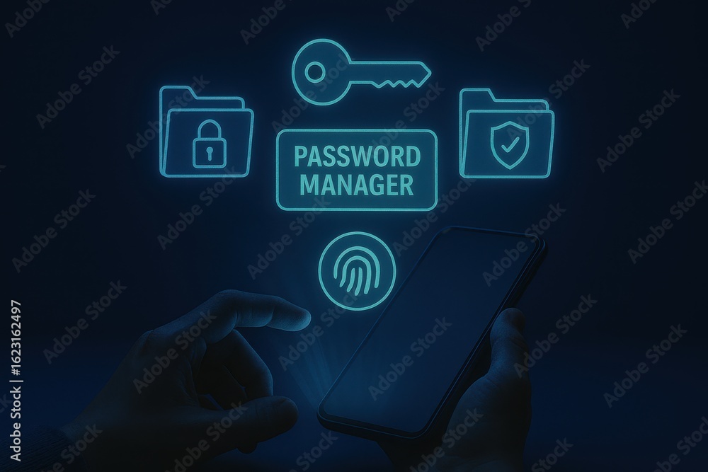 Poster user accessing password manager with fingerprint, lock icons, and secure folder visuals on smartphon