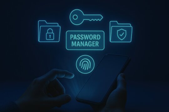 User accessing password manager with fingerprint, lock icons, and secure folder visuals on smartphone
