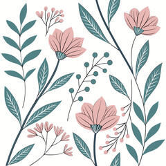 Delicate pink flowers and teal leaves arrangement on a clean white background