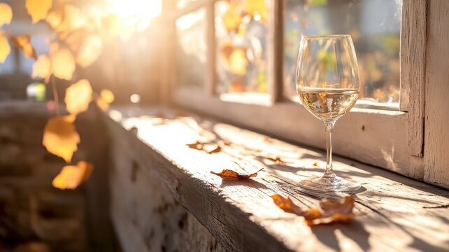 Wine glass on a wooden windowsill catching golden sunlight with shadows from dried leaves and a glowing reflection. Autumn