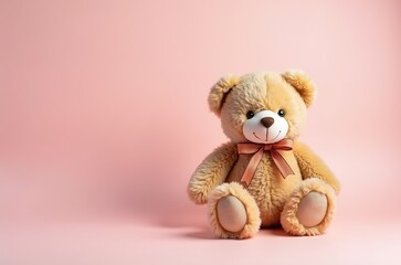 Soft Beige Teddy Bear with Bow, Childs Toy, Happy and Calm ai generated