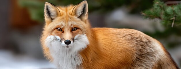 Fototapeta premium Intriguing fox gazes at the viewer while relaxing beside a tree in a vibrant, serene forest environment