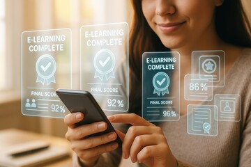 Woman completing e-learning courses with final scores and digital certification on mobile screen
