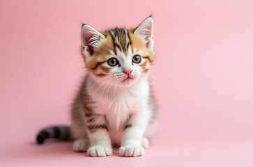 Sweet Brown and White Kitten Portrait Pink Background ai generated