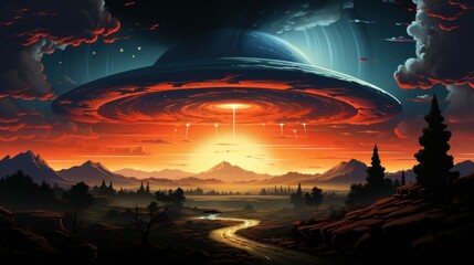 Fototapeta premium UFO flying in the night sky. Flying Saucer. UFO Concept. Extraterrestrial life concept. SCI FI Concept. Alien. Illustration of an alien spaceship. Science Fiction Concept with Copy Space.