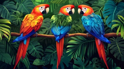 Fototapeta premium Colorful macaws perched on a branch in a lush jungle.