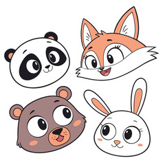 Cartoon panda, fox, bear, and bunny heads isolated on white background