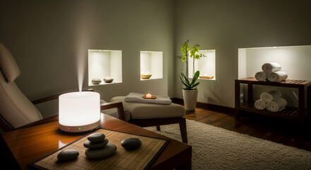 Hot stone therapy, black stones placed on towels with candle, relaxing spa atmosphere, copy space