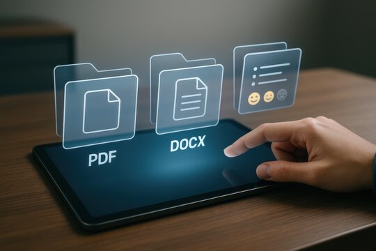 Tablet interface with 3D folder icons for PDF, DOCX, and document formats in modern file management UI
